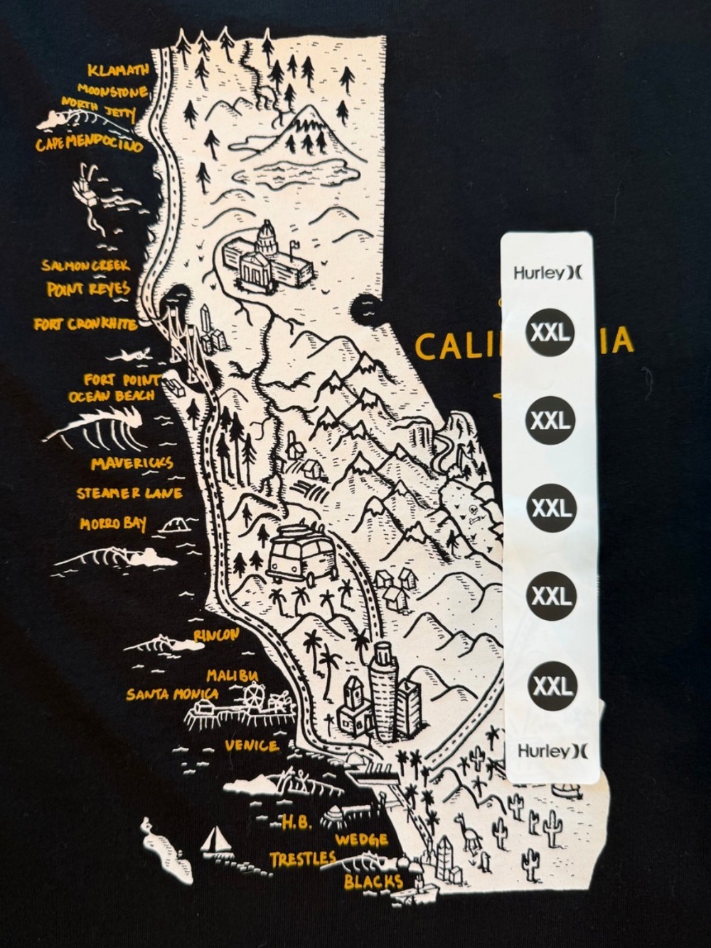 XXL NWT - Hurley California Map Black Short Sleeve Tee